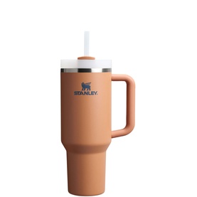 Stanley tumbler in Toast, matte terracotta finish with handle, white lid and clear straw