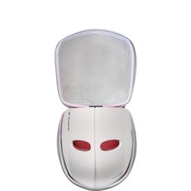 Theragun white hard-shell carry case shown open, housing a white LED facial mask with red light panels inside