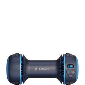 Theragun CryoTherm Palm handheld massager in navy blue and cyan, dumbbell-shaped with vented end caps and control buttons