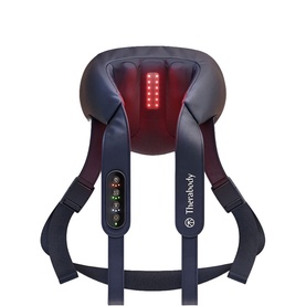 Theragun black neck and shoulder massager with red heat light panel and adjustable body straps, front view