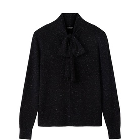 Whistles black sparkle knit top with long sleeves and tie neck bow detail, speckled texture throughout