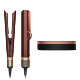 Dyson Airstrait&trade; Dryer & Straightener in Plum and Copper, shown with storage case, gold hardware detail