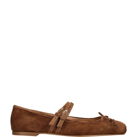 Dolce Vita Gibsen Strappy Ballet Flats in brown suede with double Mary Jane straps, gold buckle detail, and tassel trim, flat sole.