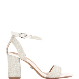 Carvela white block heel sandal with embellished toe strap, ankle strap with silver buckle, and nude insole