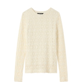 Whistles cream lace long-sleeve top with crew neck and floral lace pattern throughout, laid flat.