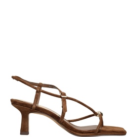 Dolce Vita brown suede strappy slingback sandals with square toe, slim kitten heel, and gold buckle detail