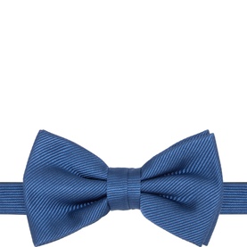 Profumo Woven Silk Bow Tie in dark blue with fine diagonal ribbed texture, pre-tied style with adjustable hook fastening