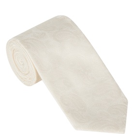 Profumo ivory silk tie with subtle tonal paisley pattern, rolled to show texture and fabric quality