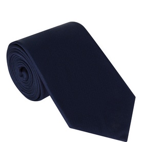 Profumo Solid Woven Silk Tie in navy, rolled flat lay showing smooth woven texture and wide blade, 100% silk