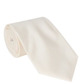 Profumo Solid Woven Silk Tie in ivory, 100% silk with wide blade and pointed tip, rolled flat lay view.