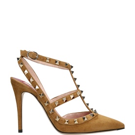 Valentino Rockstud pointed-toe heels in tan suede with gold pyramid studs, double ankle straps, and stiletto heel