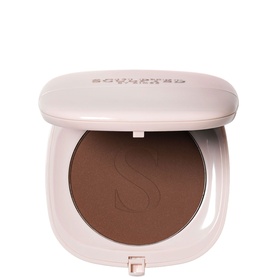 Sculpted by Aimee Second Skin Soft-Blur Setting Powder in Deep, compact pressed powder in pink case, open lid view