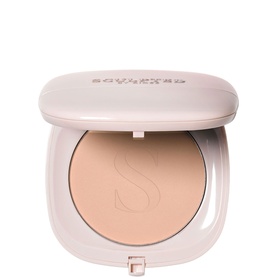 Sculpted by Aimee Second Skin Soft-Blur Setting Powder in Deep, compact pressed powder in blush-pink case, open lid view