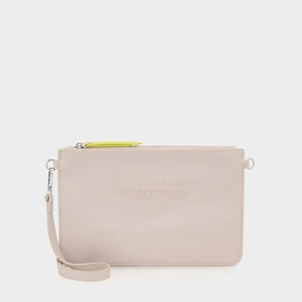 Anxious Preoccupied beige polyurethane clutch bag with silver-tone zip, neon yellow zip pull, and wrist strap