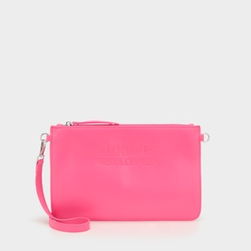 Anxious Preoccupied Neon Pink clutch bag in polyurethane with embossed logo, zip top, silver hardware and wrist strap