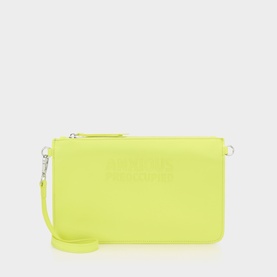 Anxious Preoccupied Neon Yellow clutch bag in faux leather, silver-tone zip and hardware, with detachable wrist strap