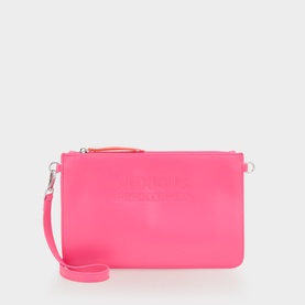 Anxious Preoccupied Pink Orange clutch bag in smooth PU, silver-tone zip, detachable wrist strap and embossed logo detail