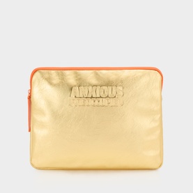 Anxious Preoccupied Gold Orange pouch with embossed logo, metallic gold PU exterior and contrast orange zip trim