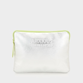 Anxious Preoccupied Silver Green pouch with embossed logo, lime green zip trim, metallic finish, flat rectangular shape.