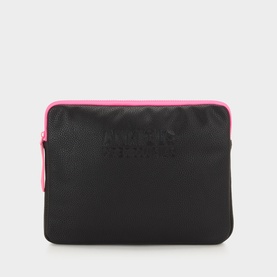Anxious Preoccupied black polyurethane pouch with embossed logo and contrast pink zip trim