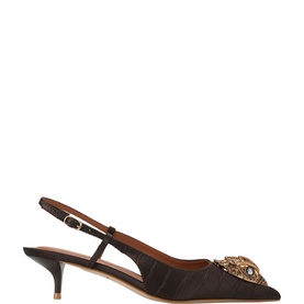 Kurt Geiger London brown satin slingback kitten heel with gold embellished brooch detail at pointed toe