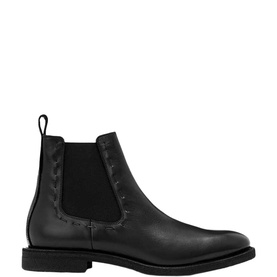 All Saints black leather Chelsea boot, whipstitch detail along collar, elastic side panel, flat black sole, men's shoe