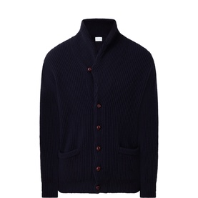 Kempt navy lambswool cardigan with ribbed texture, button fastening, shawl collar, and two patch pockets