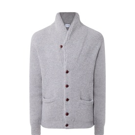 Kempt grey lambswool cardigan with ribbed knit, shawl collar, tortoiseshell buttons, and two patch pockets