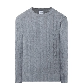Kempt grey 100% cashmere cable-knit crew neck jumper with long sleeves, shot flat on white background