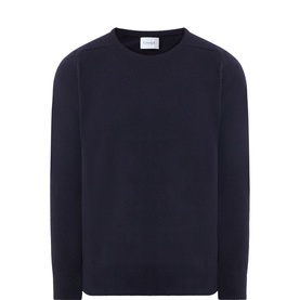 Kempt navy lambswool crew neck jumper, relaxed fit with ribbed cuffs and hem, ghost mannequin shot