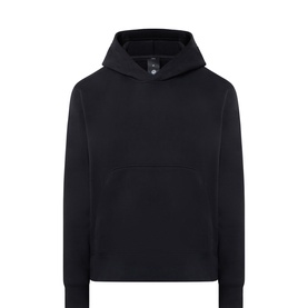Lululemon black pullover hoodie with kangaroo pocket, ribbed cuffs and hem, and adjustable hood