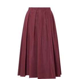 Max Mara Weekend bordeaux midi skirt with elasticated waist, box pleats, and full A-line silhouette in polyester-cotton blend.