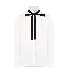 Max Mara Weekend optical white cotton shirt with pleated bib front and contrast black velvet bow tie collar