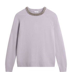 Hobbs Glacier Blue knit sweater with embellished jewelled neckline, long sleeves and relaxed fit