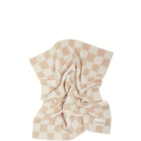BiniBamba chequerboard blanket in cream and beige, soft knit with woven logo label, laid flat showing textured finish
