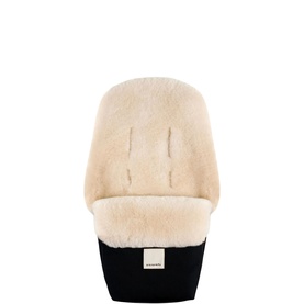 BiniBamba Milk sheepskin pram footmuff with cream fluffy lining and black base, shown flat on white background
