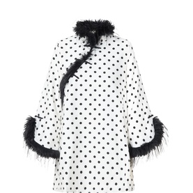 Sister Jane mini dress in white with black polka dots, feather trim collar and cuffs, long sleeves, relaxed fit