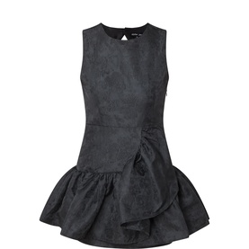 Sister Jane black sleeveless mini dress with floral jacquard texture, asymmetric ruffle peplum hem, and keyhole back detail
