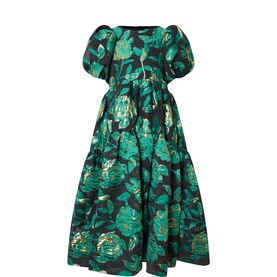 Sister Jane black floral jacquard midi dress with puff sleeves, green and gold rose pattern, fitted waist and full skirt