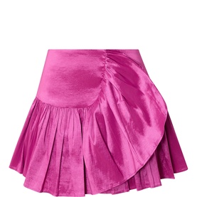 Sister Jane pink satin mini skirt with ruched waist detail and layered pleated frill hem