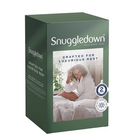 Snuggledown Duvet packaging in green and white, featuring product imagery of a person resting in bed with a soft duvet