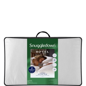 Snuggledown Hotel Collection Luxury Pillow Pair in white packaging with black trim, showing pillow image and product details on pack.