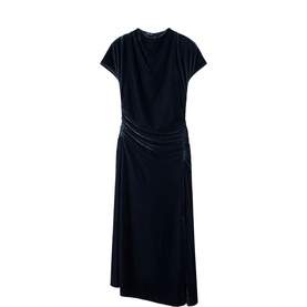 Whistles blue midi dress with short sleeves, ruched side detail, and asymmetric hem in smooth fabric