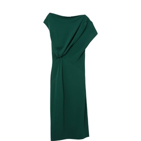 Reiss teal green midi dress with asymmetric draped neckline and twist-knot waist detail, cap sleeve