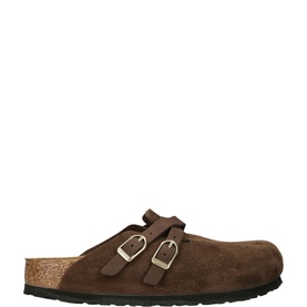 Birkenstock brown suede clog mule with double gold-tone buckle straps and cork footbed, side view