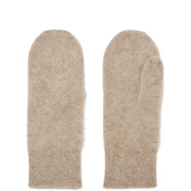 Reiss neutral cashmere-look ribbed cuff mittens, pair laid flat showing textured knit finish