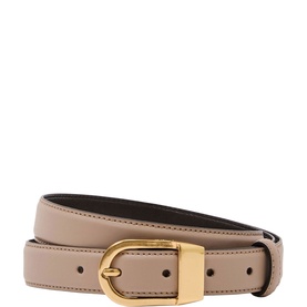 Reiss taupe leather belt with gold-tone oval buckle, coiled to show full length and punched holes detail