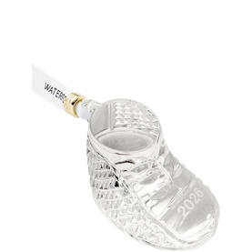Waterford clear crystal baby shoe ornament with diamond-cut detailing and 2020 engraving, gold-toned hanging ribbon