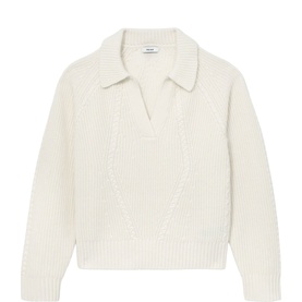 Reiss cream chunky knit polo collar jumper with cable detail and ribbed hem, long sleeves