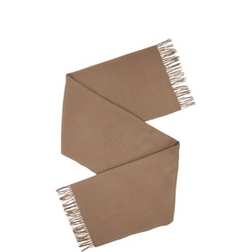 Reiss camel woven scarf with fringe trim, folded flat to show full length and texture.